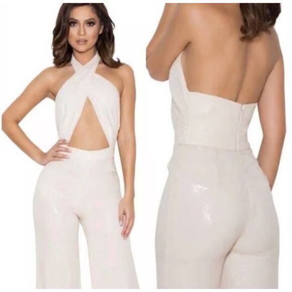 House of CB London White Sequin Halter Jumpsuit Backless Wide-Leg Size M - Picture 1 of 10